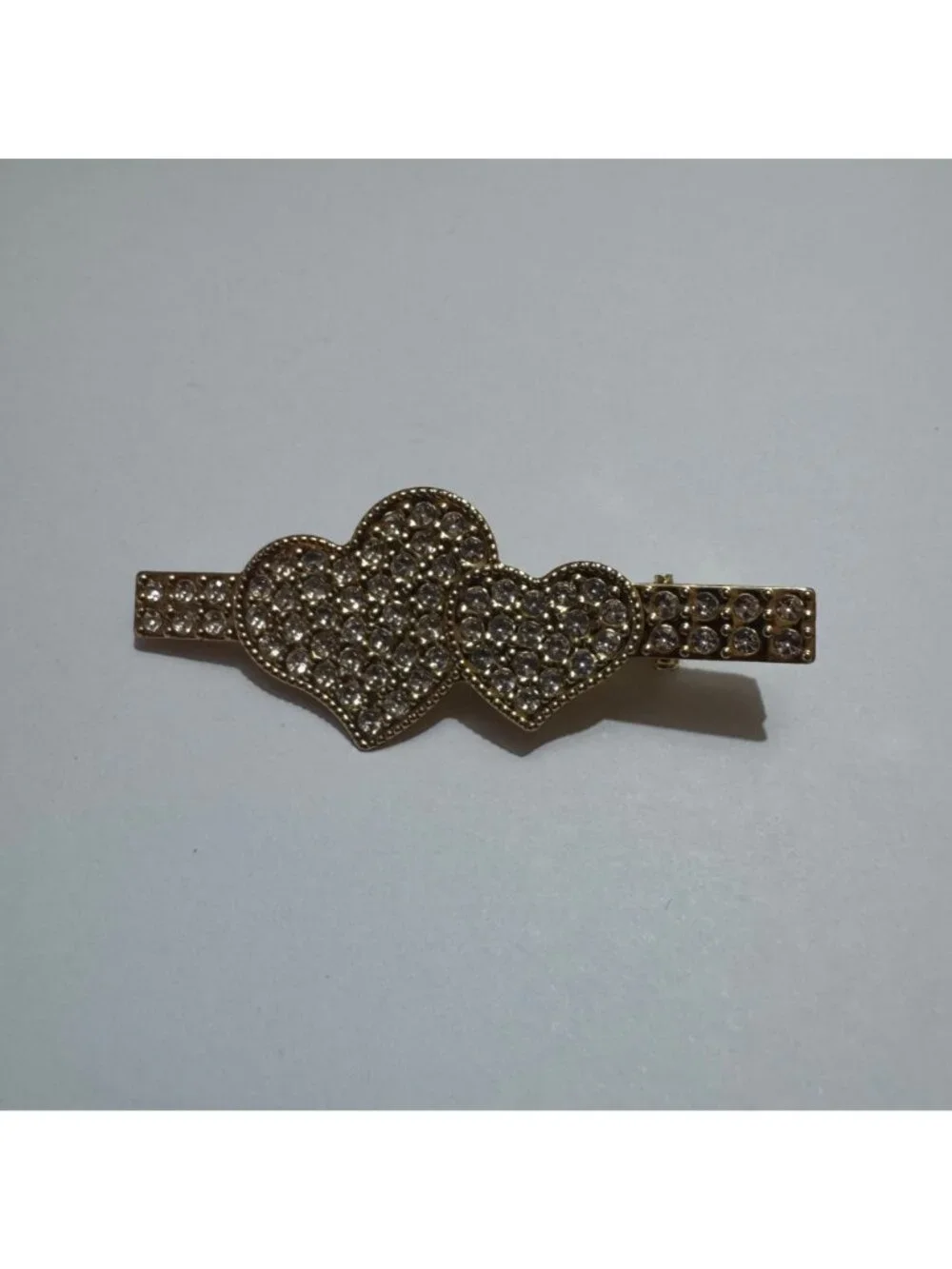 Gold-Tone Double Heart Hair Clip With Rhinestone Accents Stylish & Elegant New